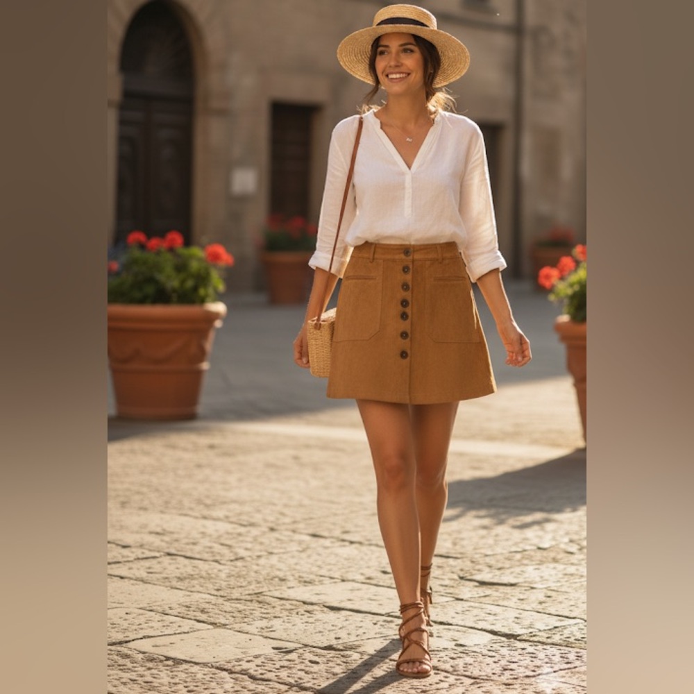 Zara TRF Vegan Suede Tan Brown Mini Skirt Buttons